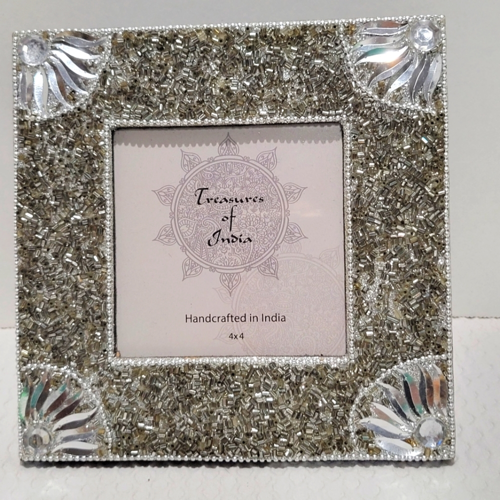 Silver colored bedazzled picture frame 4 x 4 handcrafted